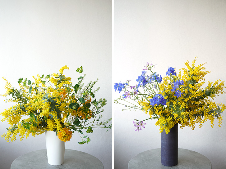 花瓶に活けたミモザと春の花