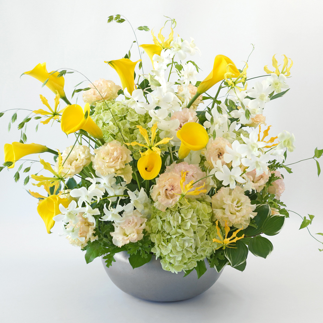 淡いグリーンのハイドランジアと黄色いカラーのアレンジメント