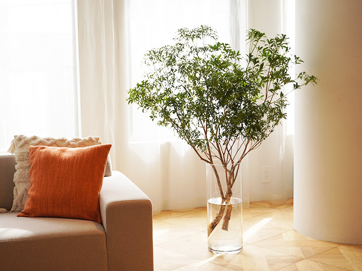 アセビの枝ものの花瓶活け