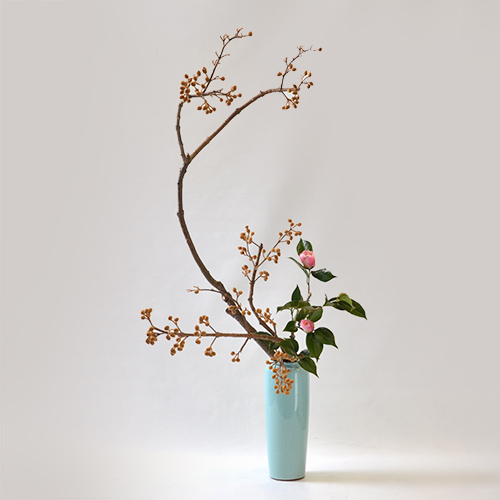 桐と椿(白とピンク)の活け花